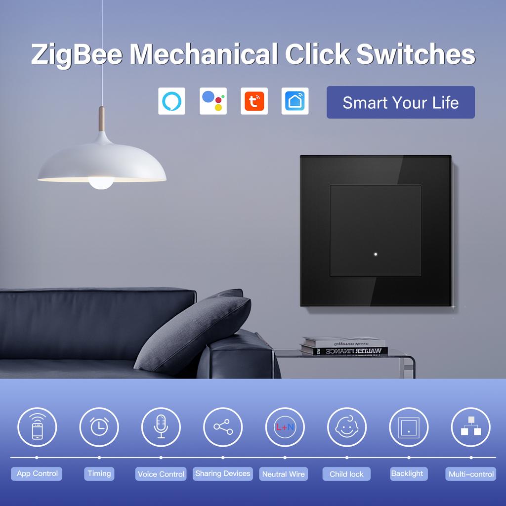 BSEED Zigbee 1/2/3Gang Smart Click Light Switches 1/2/3Way Tuya Smart Life Alexa Compatible Plus EU Power Sockets Glass Panels