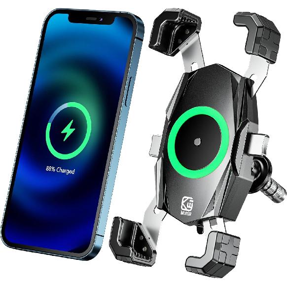 Kewig Motorcycle Fork Stem Phone Mount With Qi 15W Wireless Charger & USB C 20W Fast Charging Port, One-Push Automatically Lock & Quick Release