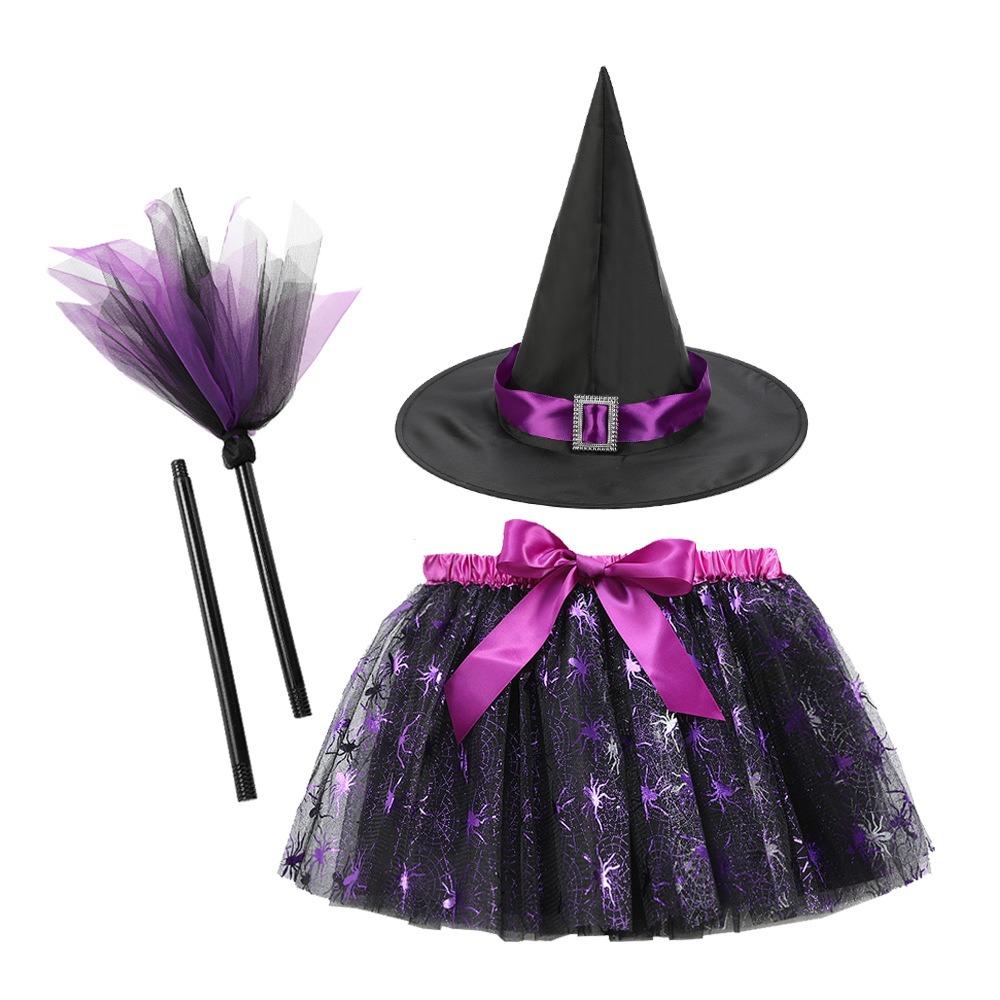 3Pcs/set Pointy Hat Kids Witch Dress Set Wizard Halloween Cosplay Costumes  Girls