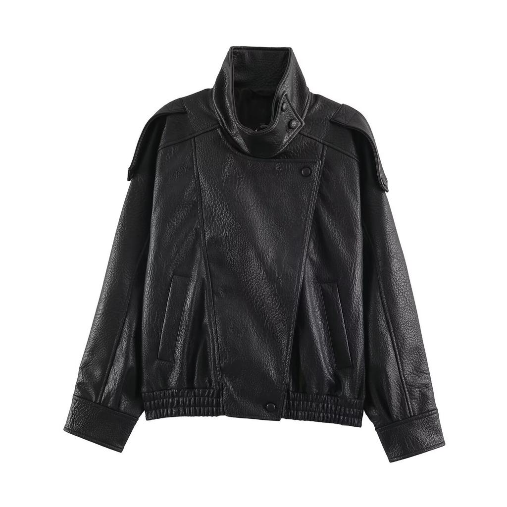 2026 Summer New Arrival: European and American Cross-border Women's Street Fashion Stand Collar Faux Leather Jacket W025 12548