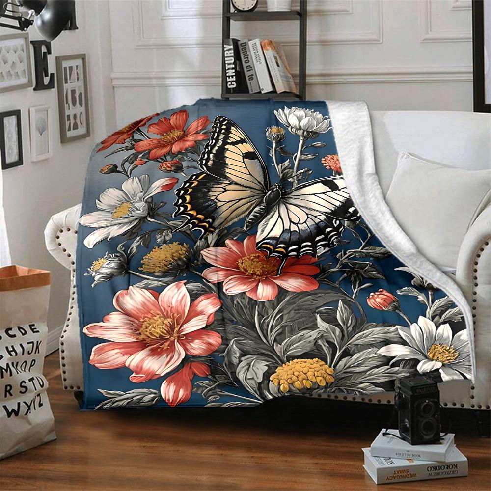 1pc Butterfly Flowers Lightweight Flannel Blanket, Comfortable and Warm Blanket, for Office and Camping Sofa Bed, Livingroom118