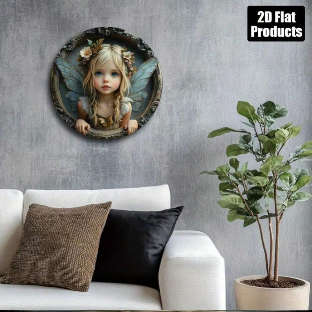 Vintage Butterfly Fairy Themed Round Aluminum Wall Art with Floral Decor
