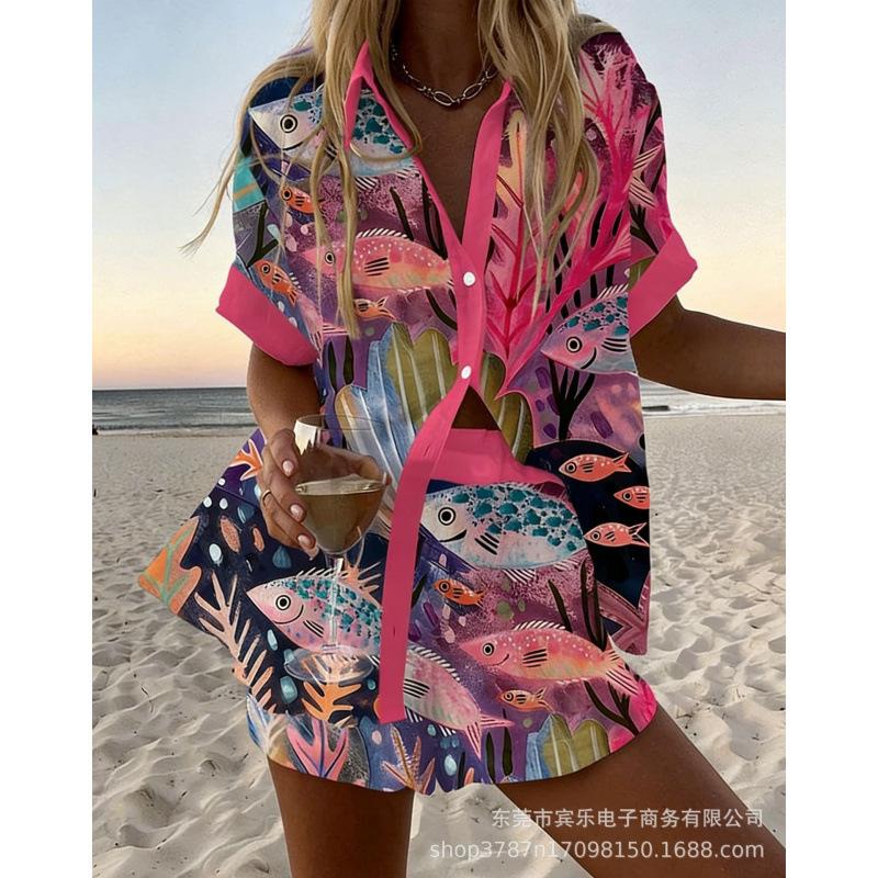 Conjunto de pantalones cortos de playa y camisa de manga corta para mujer, multicolor, vida marina, ocio, vacaciones, conjunto de dos piezas