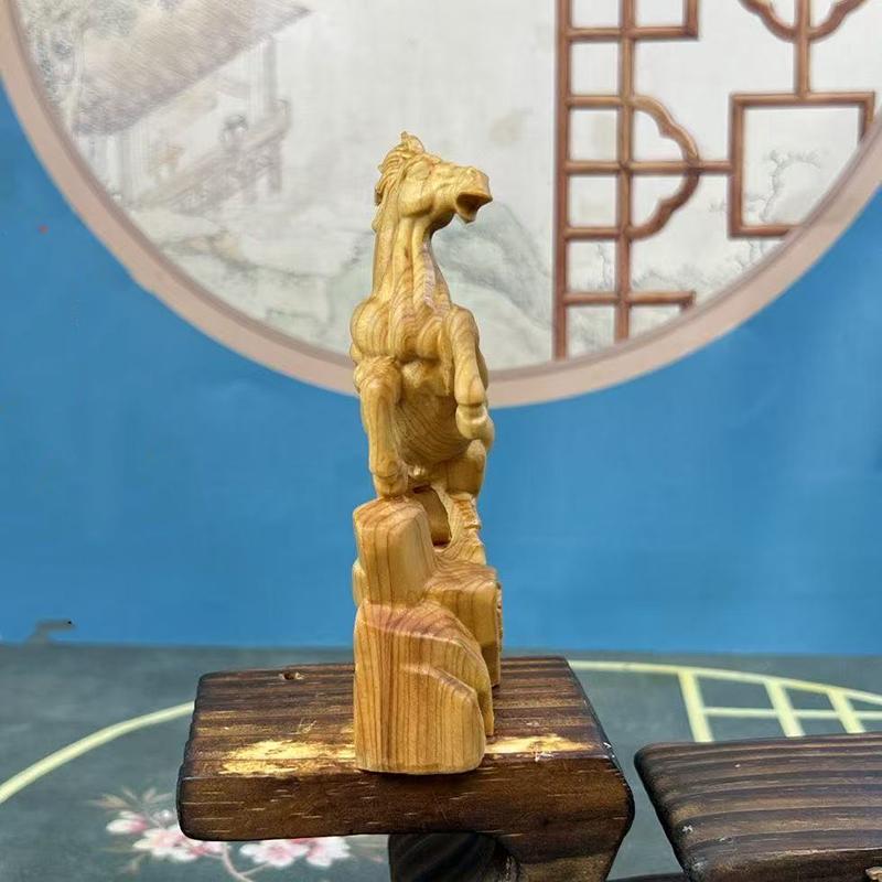 wood carving Zodiac Horse Animal figurine decoration Solid wood carving Home Living Room Office Wealth Luck Feng Shui Decor