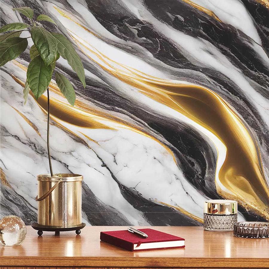 Shein Black & Gold Marble Self-Adhesive Wallpaper, Oil-Proof Home Decor PVC Sticker, Influencer Background Wall.