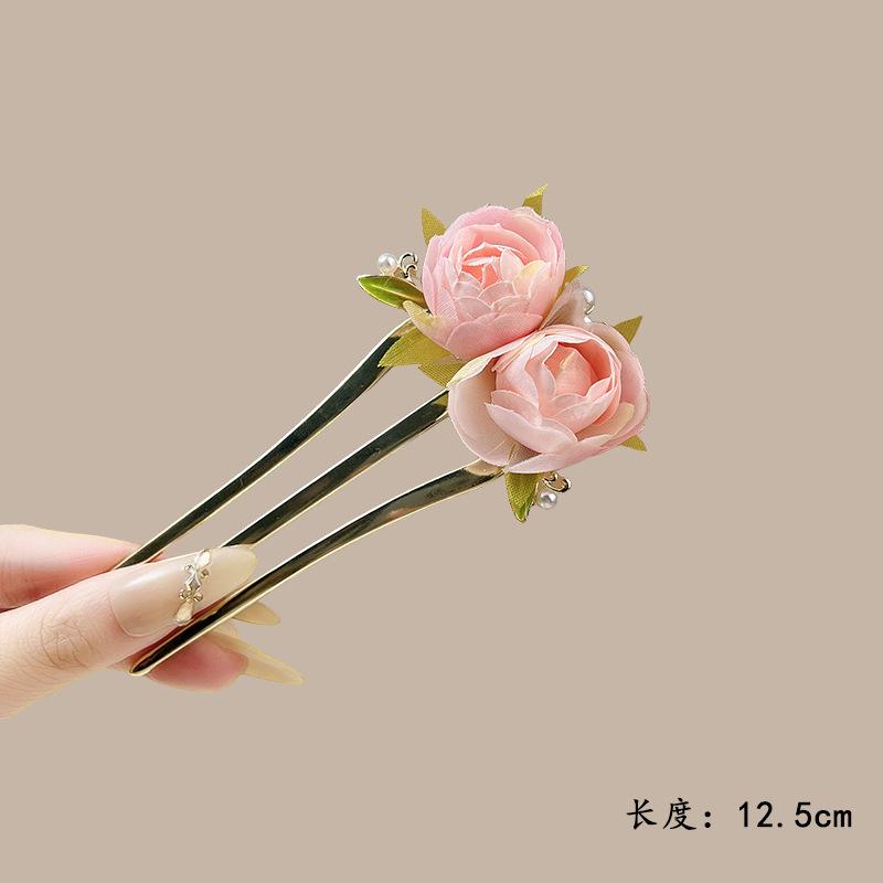 Elegant Flower Hairpin For Women Sweety Peony U Shaped Hair Stick Girls Fashionable Hair Accessories Gauze Floral Hair Pin NEW