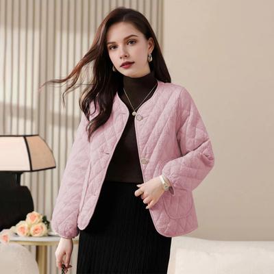 Women Single-breasted Jacket Solid Color Rhombus Checkered Coat Autumn Winter Loose Imitation Silk Cotton Padded Jacket for Everyday Wear