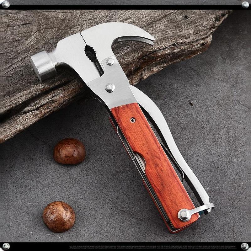 Multifunctional Outdoor Survival Hammer Stainless Steel Wooden Handle Perfect Gift for Men Car Emergency Camping Use