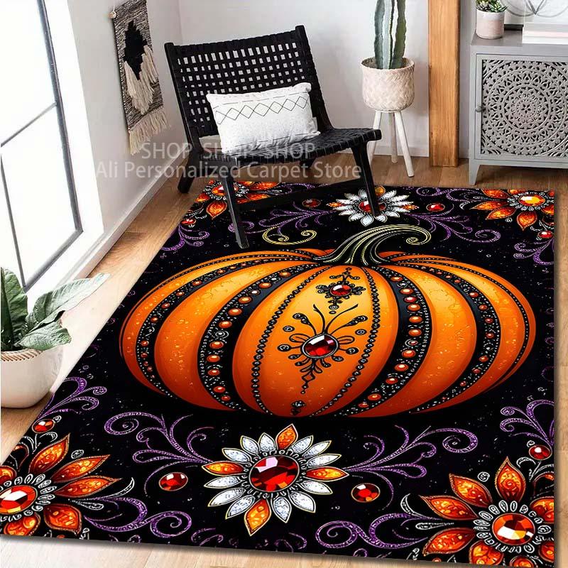 Kürbis-Thema Elemente Muster Teppich für Wohnzimmer Schlafzimmer Sofa Heimdekoration Rutschfeste Bodenmatte Große Größe Halloween Geschenk