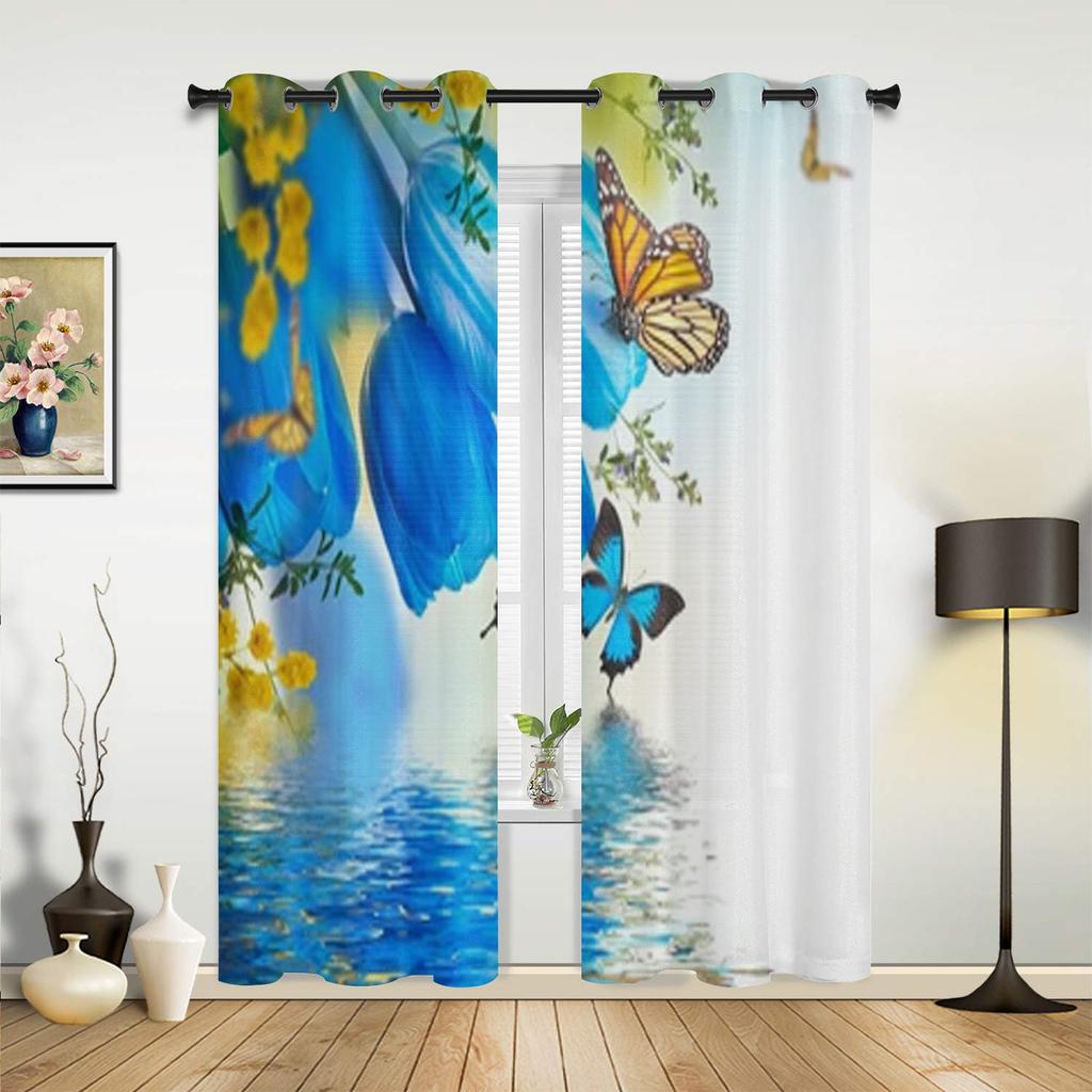 Blaue Tulpen und Schmetterling Fenstervorhänge für Wohnzimmer Luxus Schlafzimmer Dekor Vorhänge Küchenfensterbehandlungen Vorhänge
