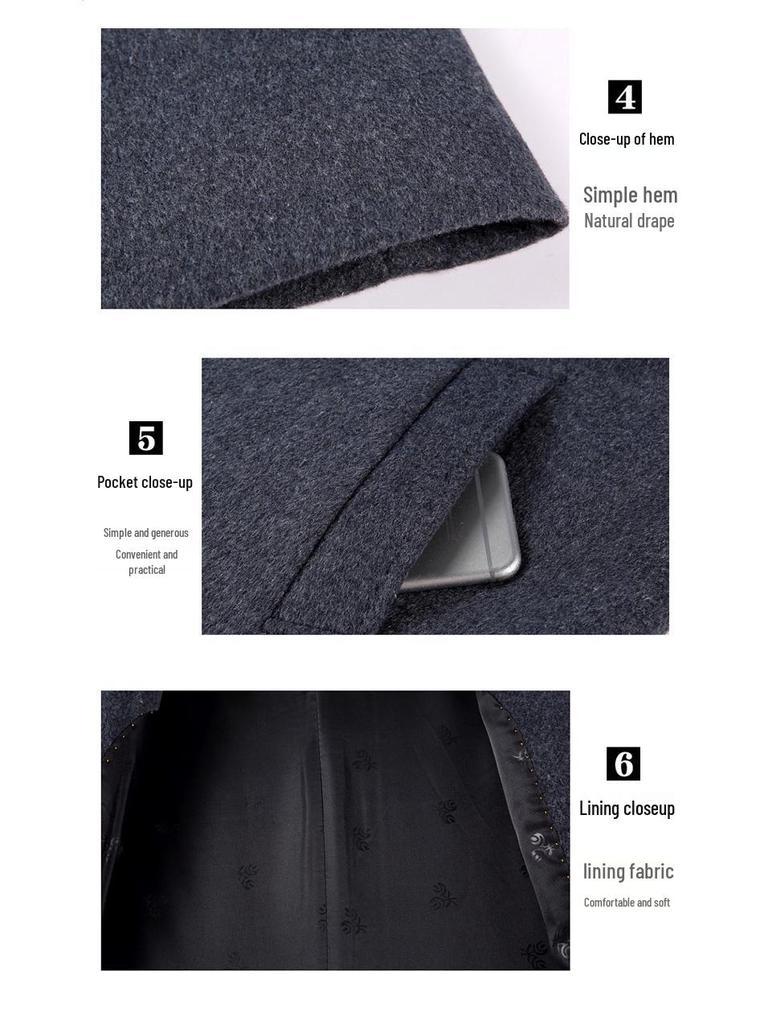 Men's Winter Cashmere Coat, Velvet-Lined, Knee-Length, Warm Woolen Trench for Middle-Aged and Elderly, Dad-Style Outerwear.