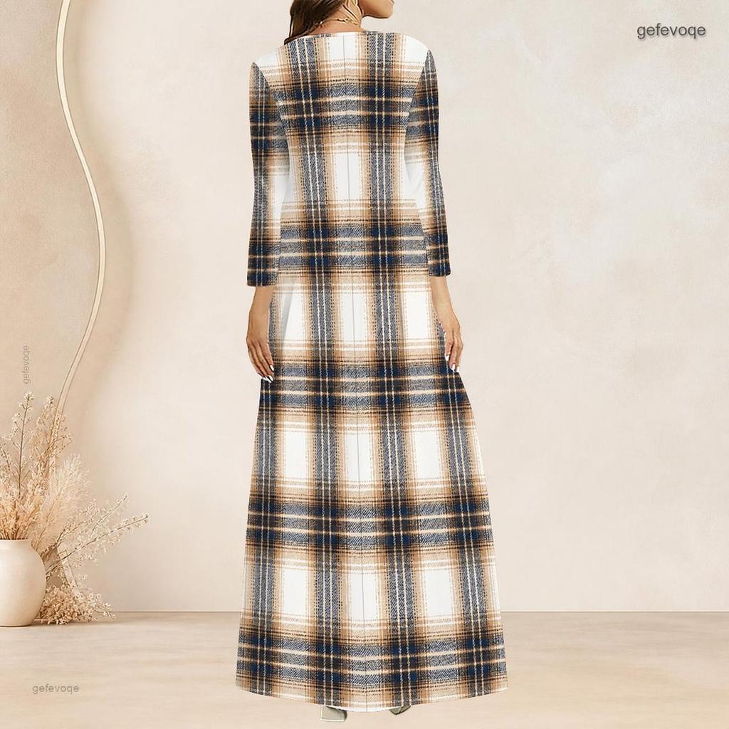 Women Plus Size V Neck Three Quarter Sleeve Polka Dot Printed Long Dress