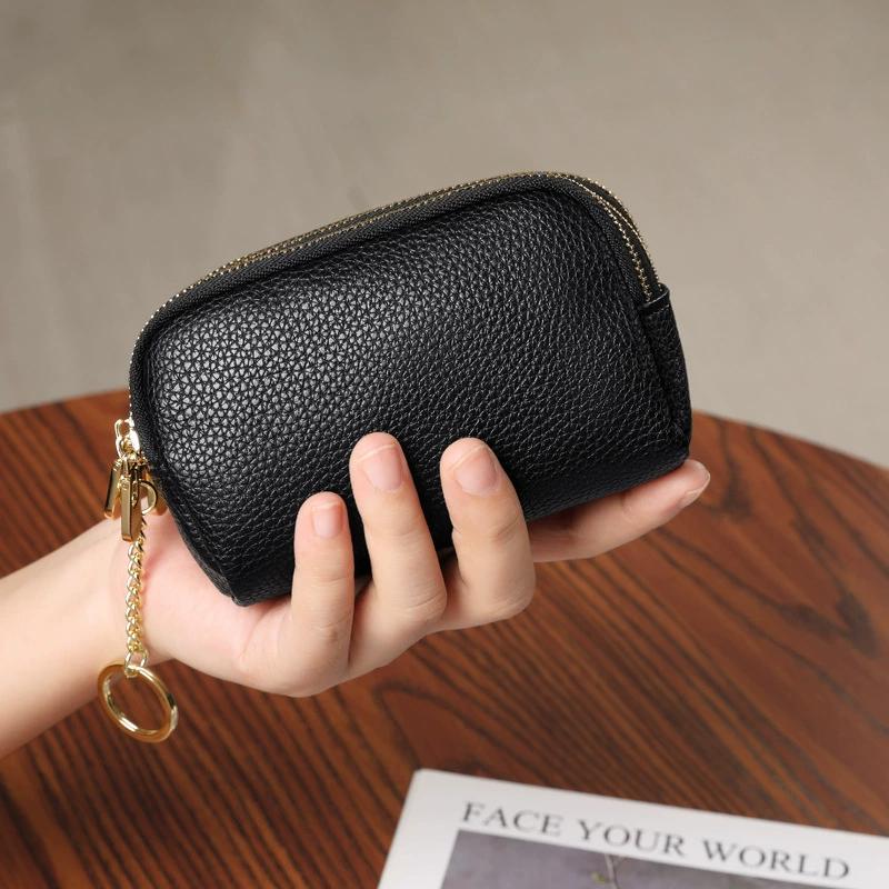 Women Leather Zipper Pouch Wallet with Keychain – Compact Coin Purse, Card Holder, Double Zipper, Everyday Carry Organizer