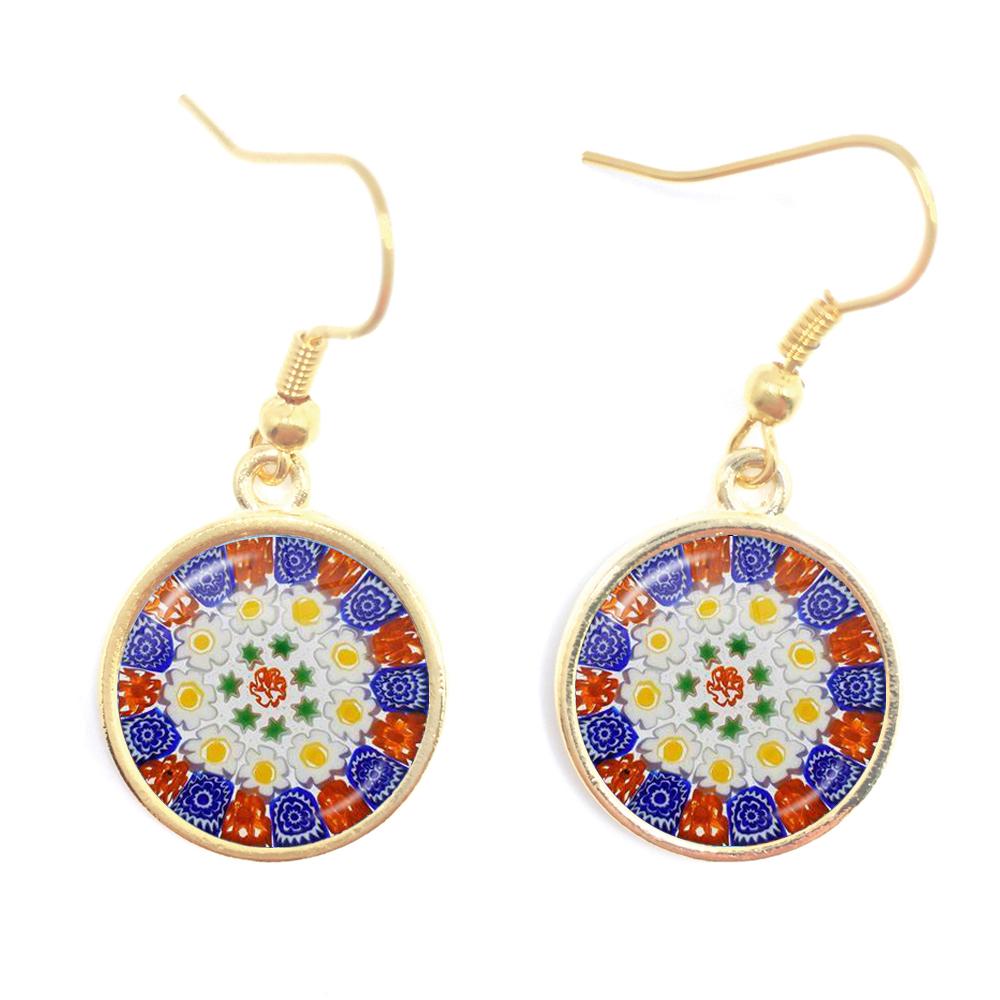 Murano Millefiori Drop Earrings MultiColour Flower 16mm Glass Cabochon Earring Jewelry For Women Girls Gift