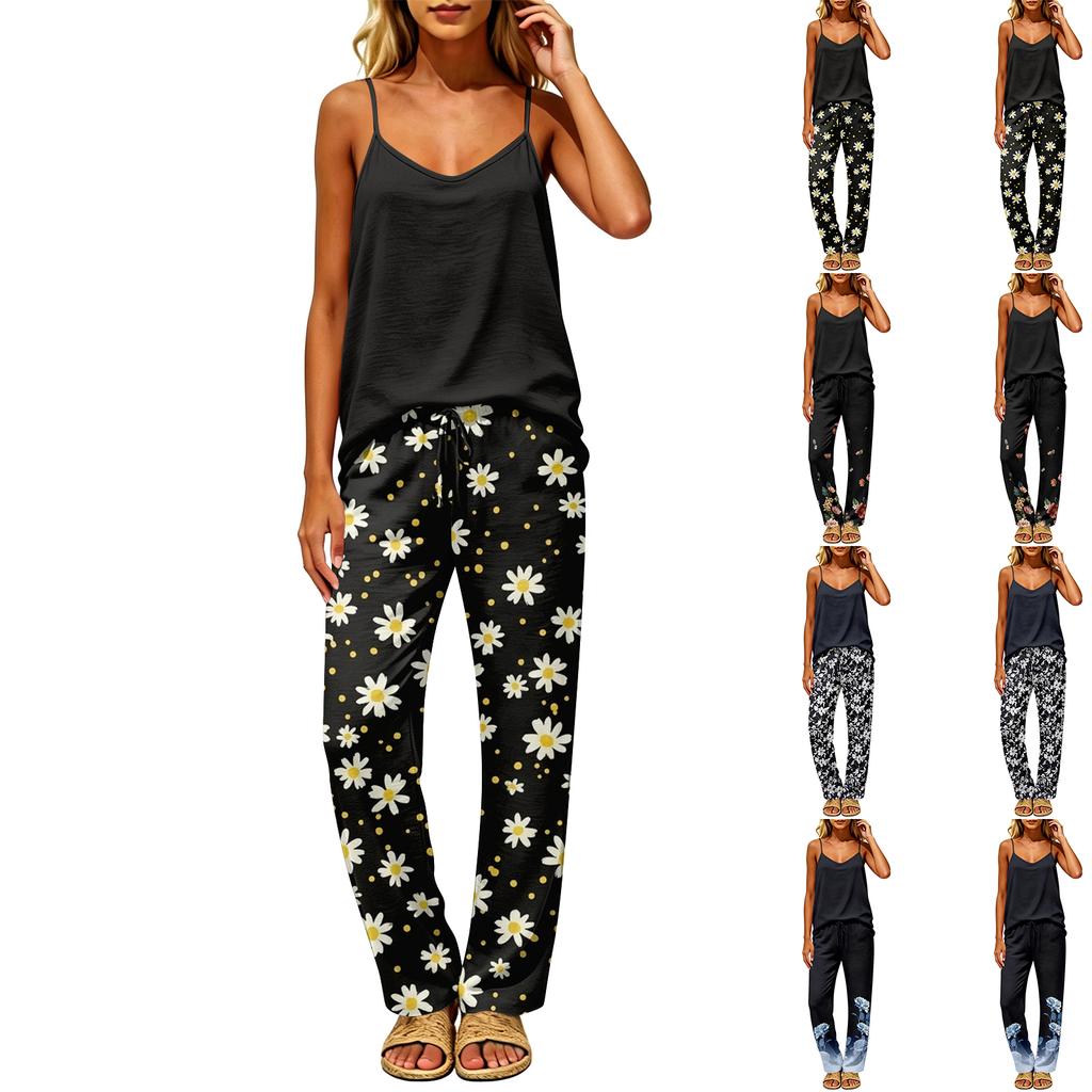 Women Sleeveless Pullover Casual Top with Back Cutout Loose Fit and Elastic Waist Floral Print Pants Two Piece Lounge Set