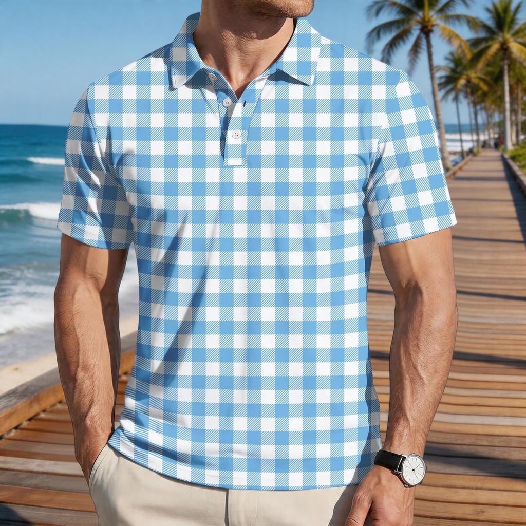 Men’s Loose Fit Casual Plaid Print Short Sleeve Polo Shirt with Turn Down Collar for Everyday Wear