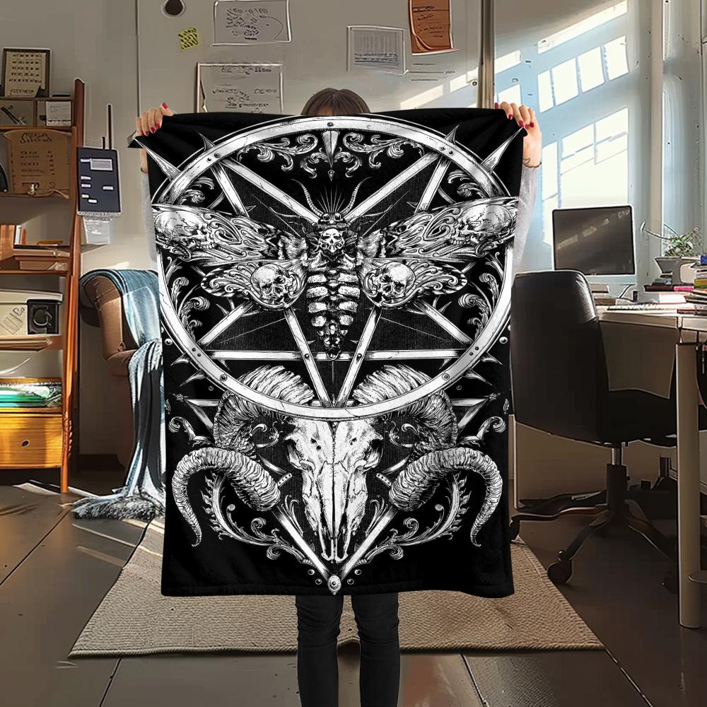 1Pc Skull Satan Print Flannel Blanket, High Quality Comfortable for All Seasons, Home Decor, Warmth and Comfort, Perfect for Christmas Gifts
