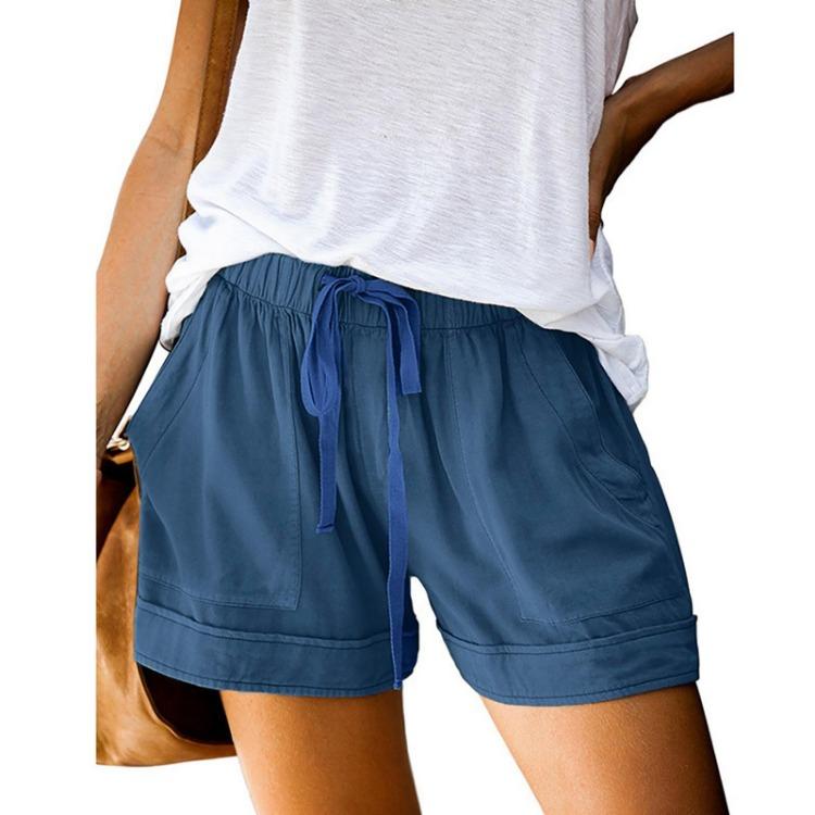 Women Summer Casual High Waisted Elastic Drawstring Shorts with Big Pockets Solid Lace Up Loose Wide Leg Pants