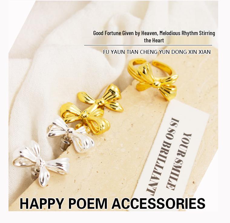 Srebrne i złote kolczyki sztyfty z kokardką o lekkim luksusowym eleganckim designie - Prosty i wszechstronny otwarty pierścionek.