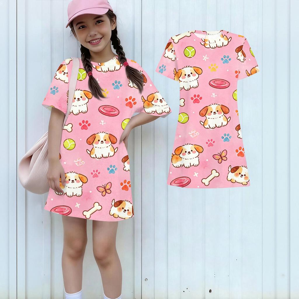 Girls Loose Fit Short Sleeve Dress Animal Print Round Neck Lightweight Summer Dress for Kids Casual Wear