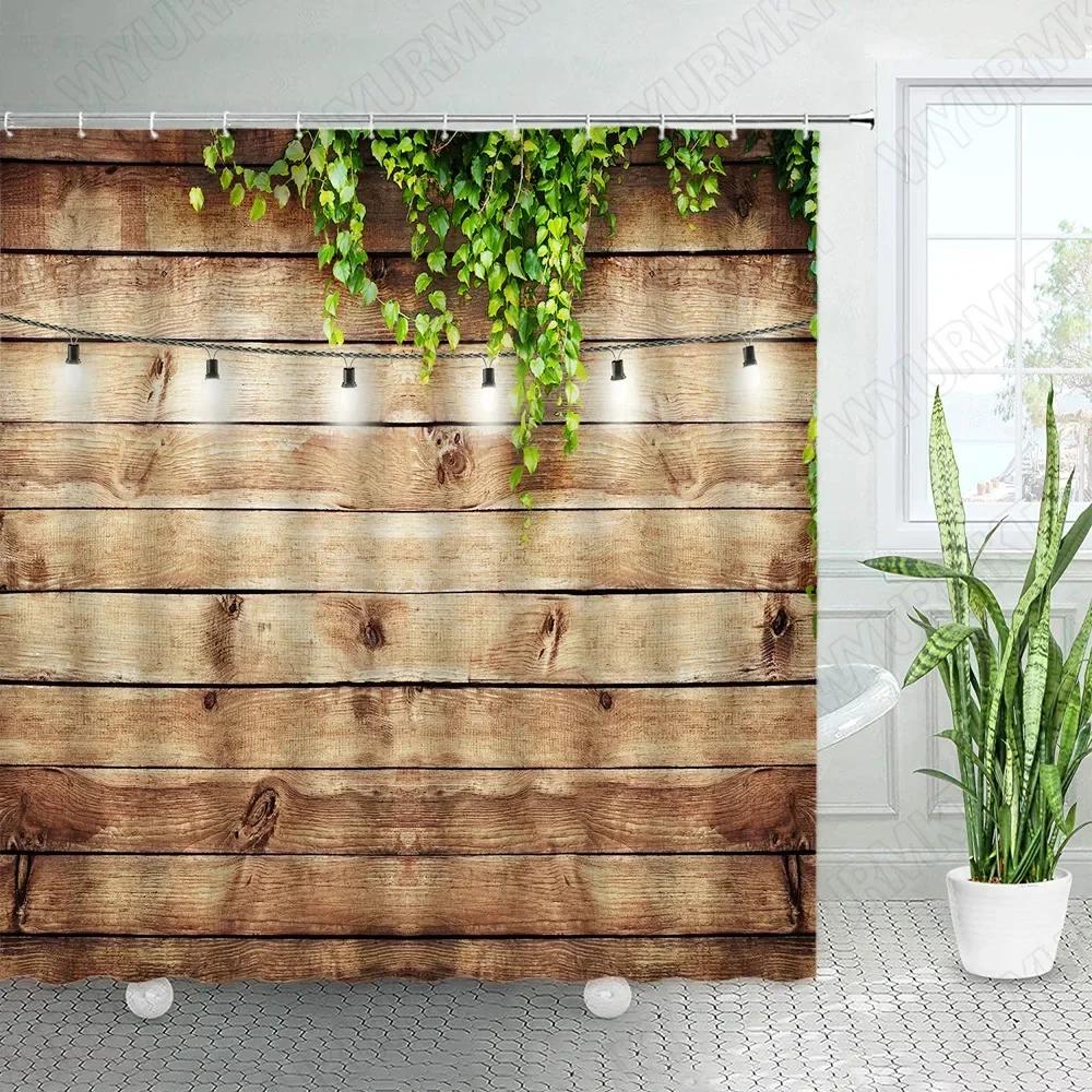 

Vintage Wooden Board Shower Curtains Retro Brick Wall Street Lights Farm Barn Door Green Leaves Plant Fabric Home Bathroom Decor 90X180cm