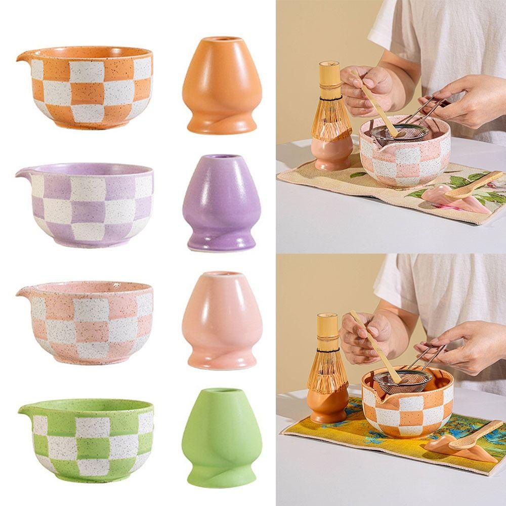 Ceramic Matcha Bowl Smooth Large Capacity Tea Salad Soup Bowl High Temperature Resistant Checkered Pattern Tea Ceremony Tool