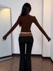 American Spicy Girl High-End Square Neck Long Sleeve Women's Slim Fit Coffee T-Shirt for Autumn and Winter