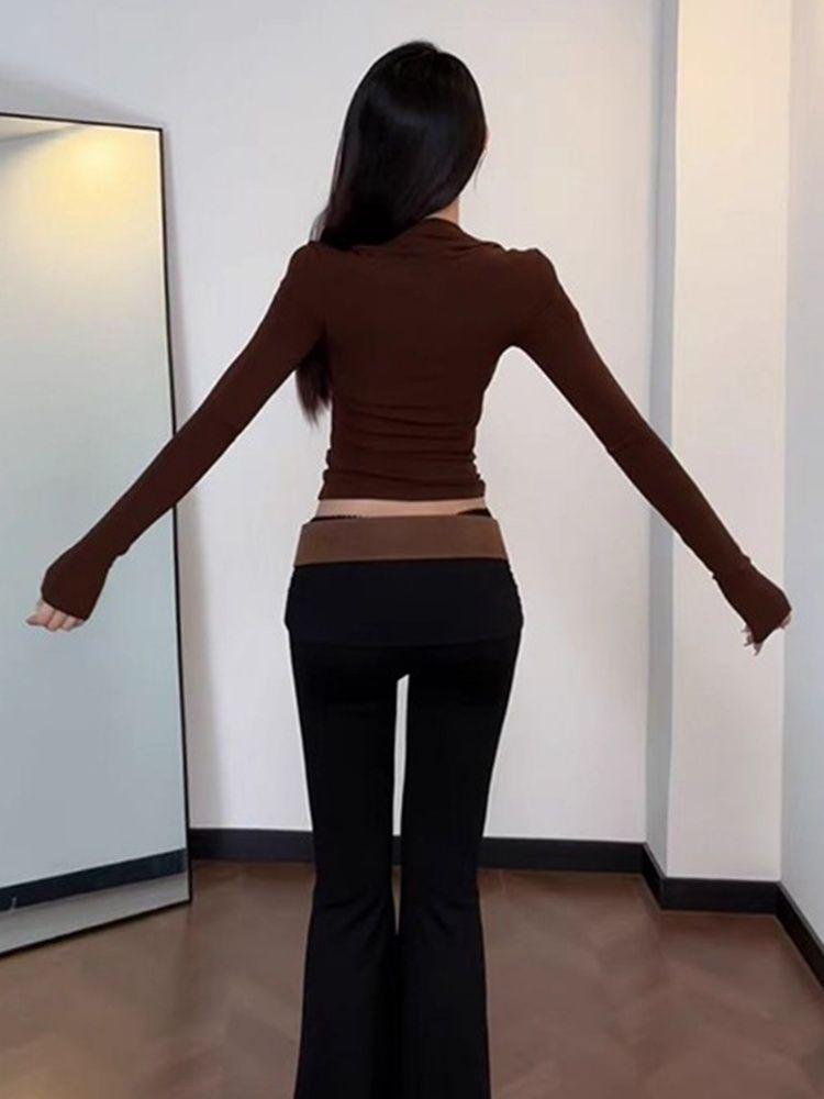 American Spicy Girl High-End Square Neck Long Sleeve Women's Slim Fit Coffee T-Shirt for Autumn and Winter