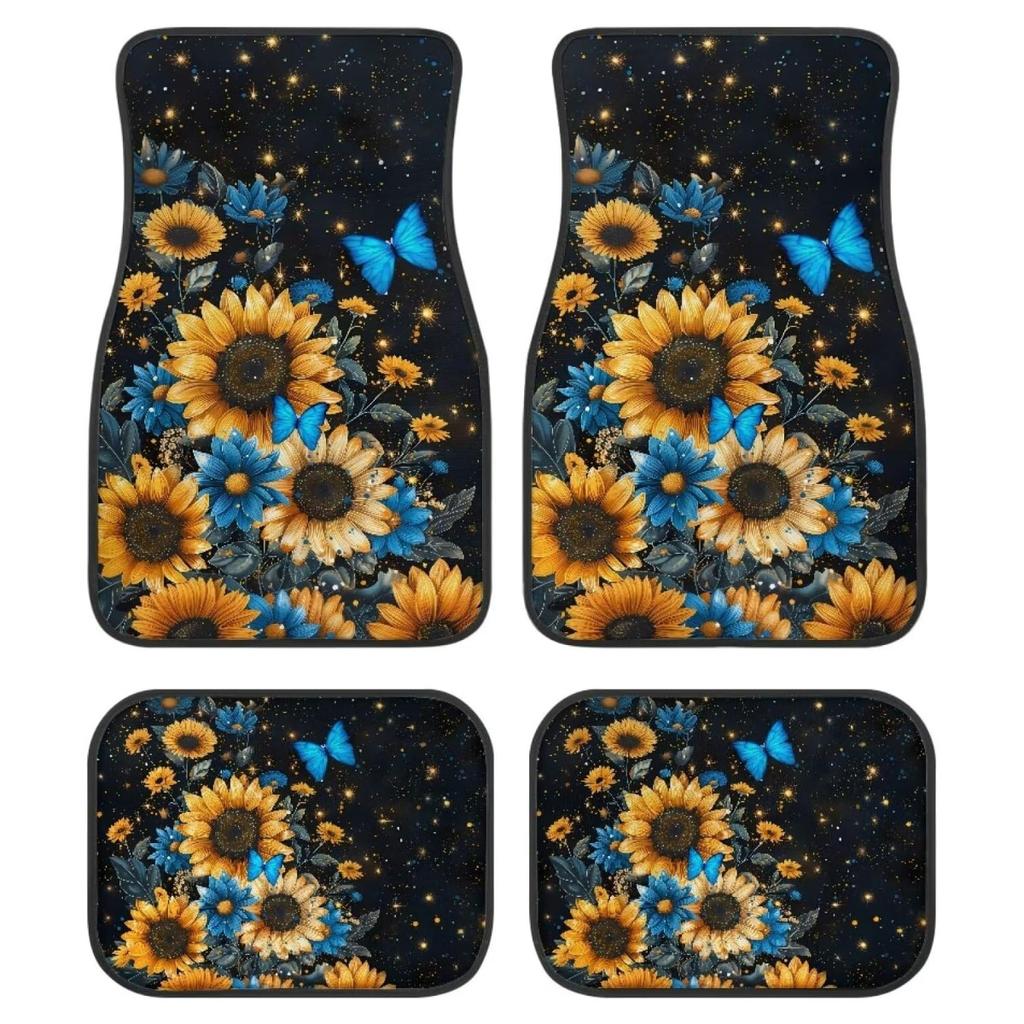 Sunflower with Butterfly Universal Car Floor Mats Set,4 Pack All Weather Car Floor Carpets Protector Rugs for Women Driver Gift