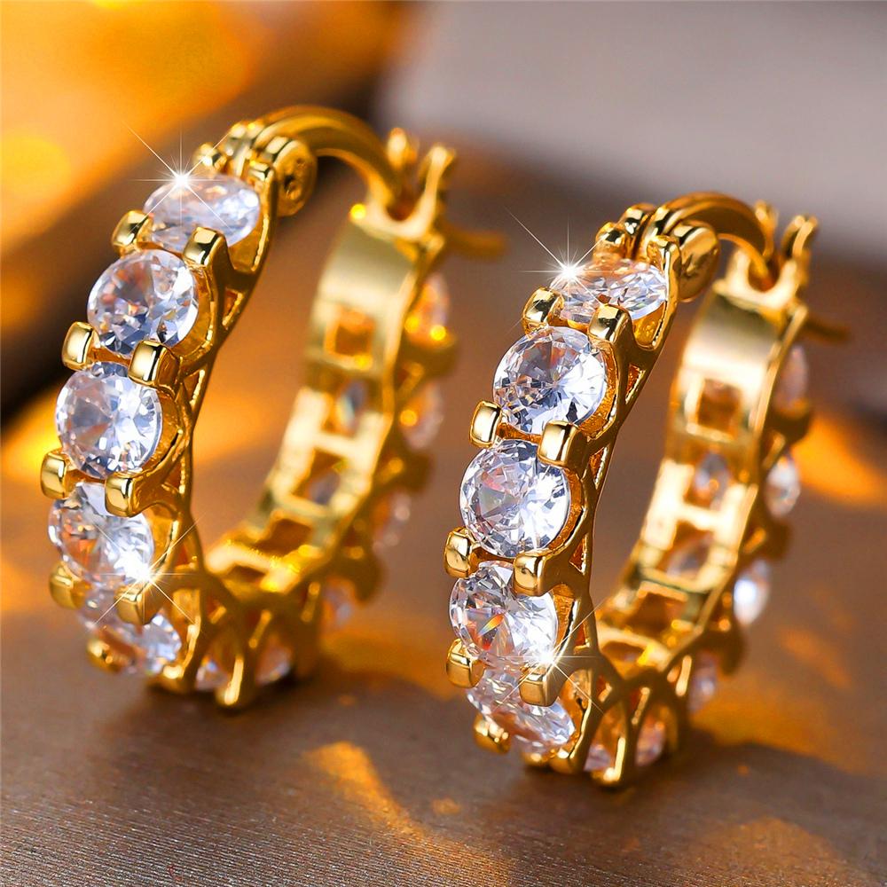 Trendy Crystal White Zircon Round Hoop Earrings For Women Vintage Gold Color Wedding Jewelry