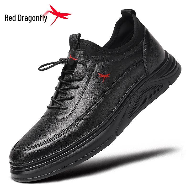 Red Dragonfly Men's 2025 Autumn Waterproof Leather Sneakers - Soft Sole Black Casual Shoes