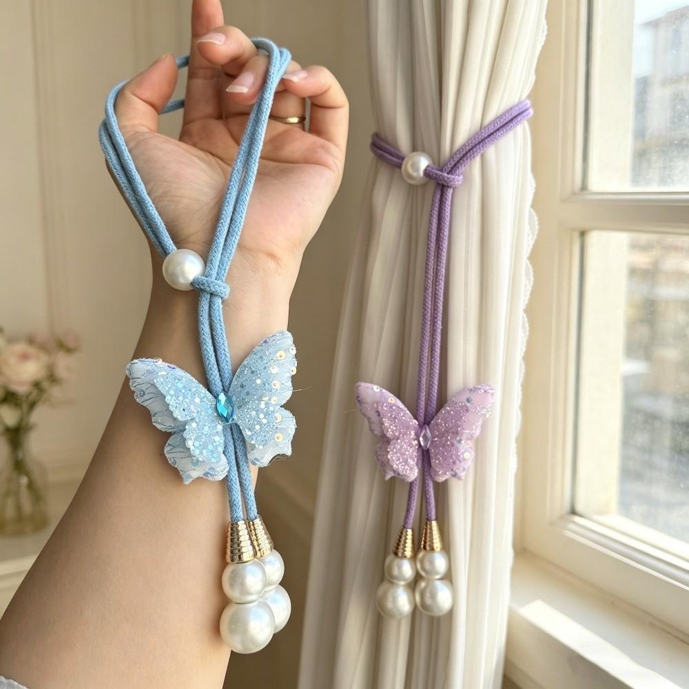 2PCS Adjustable Butterfly Curtain Tie Strap Creative Artificial Pearl Curtain Rope Decorative Curtain Binding Home Decor