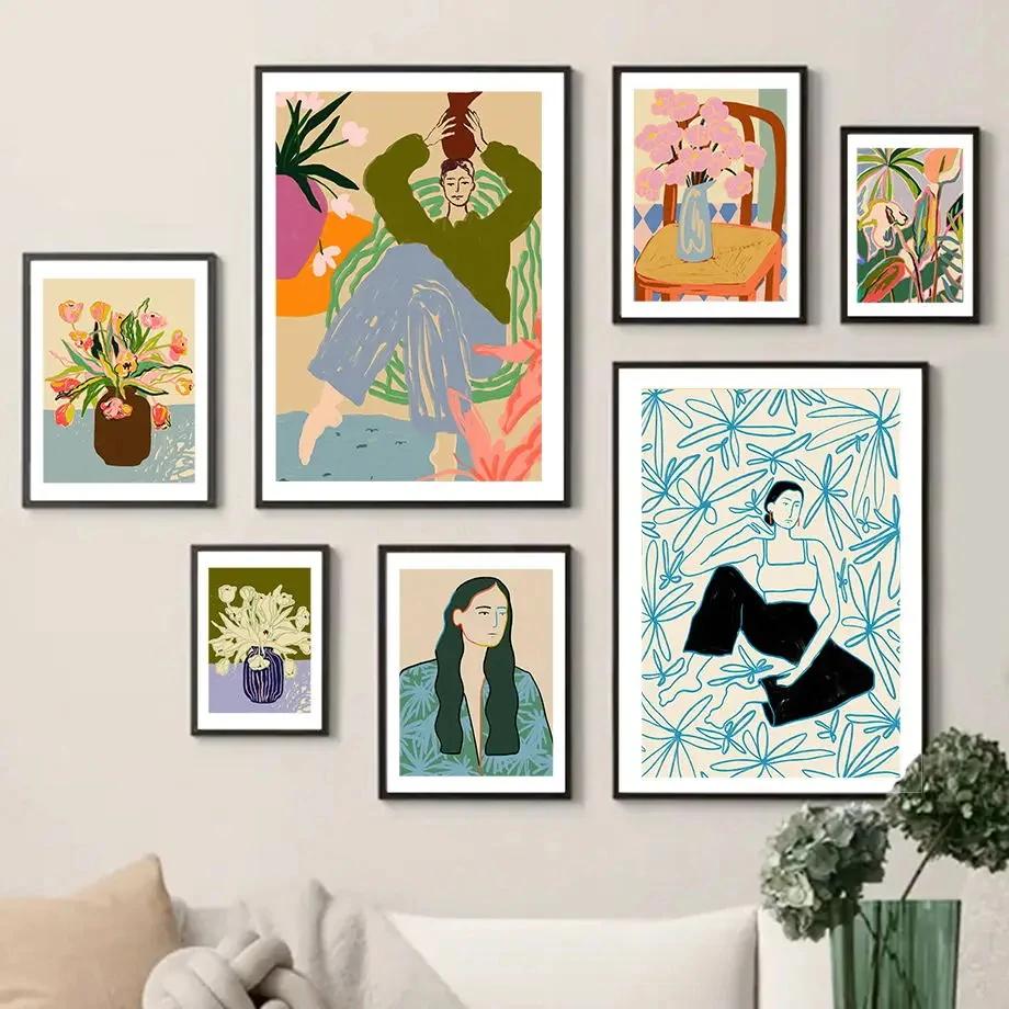 Abstract Peace Lily Calm Woman Portrait Vase On Chair Boho  Canvas PaintingPoster Wall Art Print Pictures For Living Room Decor