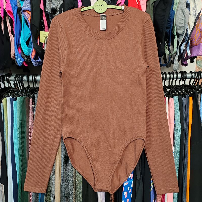 

Export Fashion Jumpsuit Long Sleeves Fitness Sports Breathable Quick-Drying Rib Yoga Clothes High Elastic Thin Base Tops Brown XL