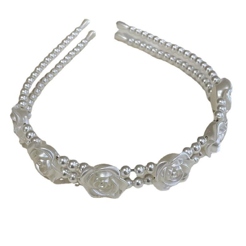 Retro Rose Pearl Double-Layer Floral Headband – Korean Style