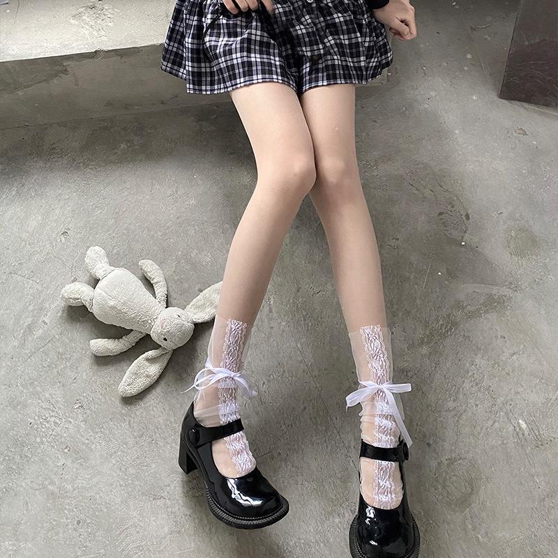 Women's Summer Thin Tie Bow Lace Glass Mesh Medium Tube Stack Socks