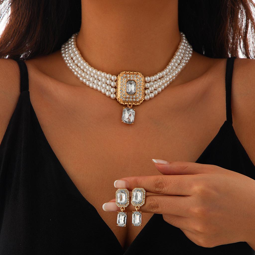 SHIXIN 2Pcs Luxury Multilayer Imitation Pearl Choker Necklace Earrings Bridal Green Rhinestone Neck Chain Wedding Jewelry Set