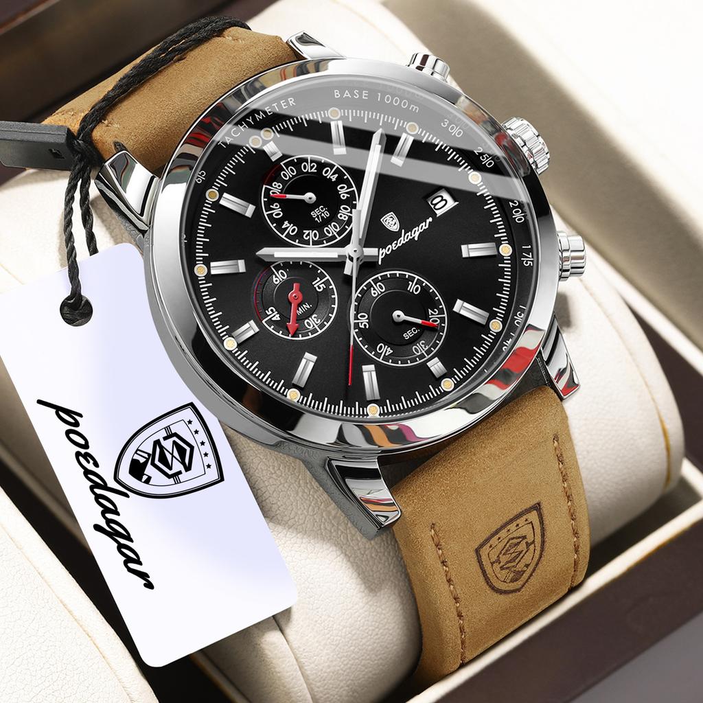 POEDAGAR Functional Luxury Man Wristwatch Date Waterproof Luminous Chronograph Men Watch Male Leather Quartz Watches