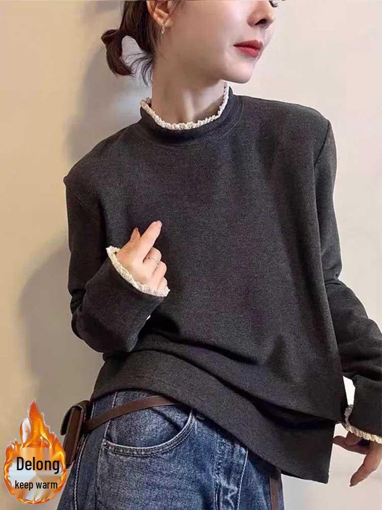Color-Contrast Lace Half-High Collar Fleece Long-Sleeve Women's T-Shirt - 2026 Fashionable Casual Age-Defying Base Layer