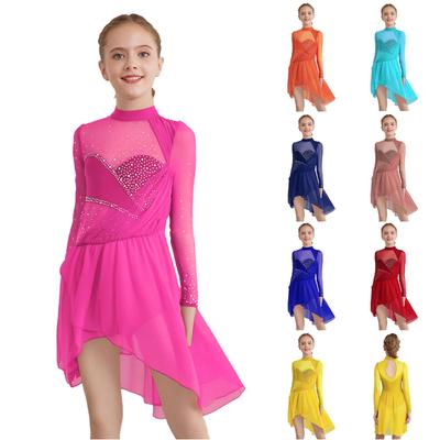 Rochie Patinaj Artistic Fete Mâneci Lungi din Plasă Gât Mock Spate cu Gaura Pietre Strălucitoare Tiv Neregulat Leotard