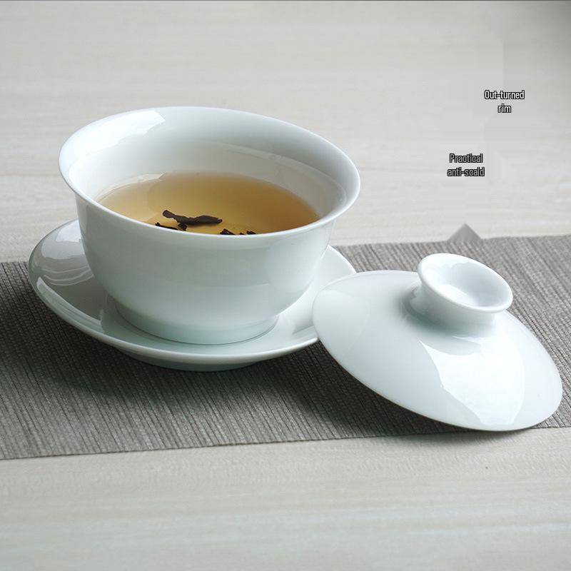 Jingdezhen Ceramic Gaiwan: White Porcelain Large Three Talents Tea Cup
