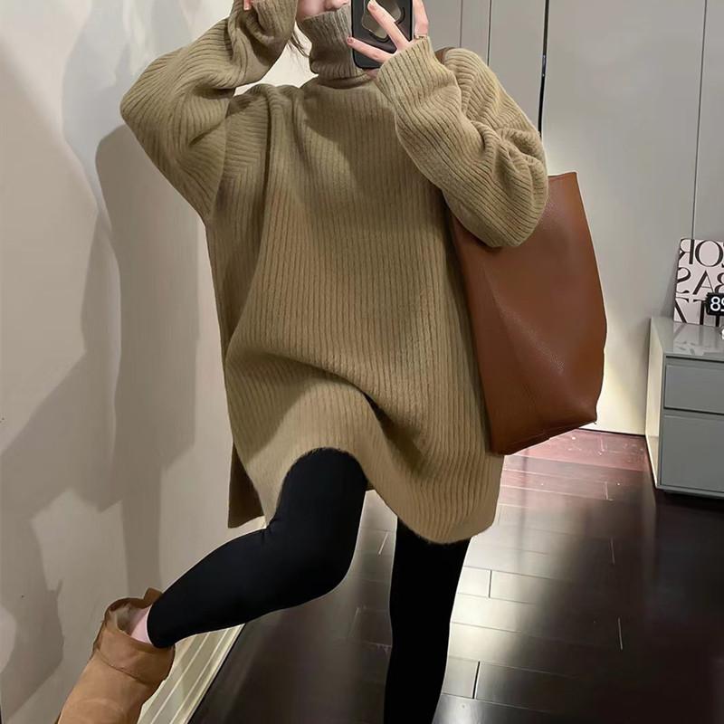 Herbst- und Winter Damen Midilanger Pullover mit Schlitzdesign Lockerer Rollkragenpullover für Damen