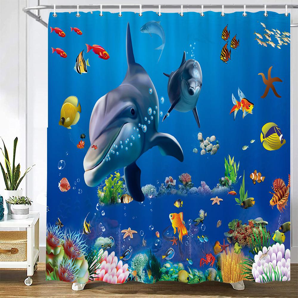 Cartoon Ocean Dolphin Shower Curtain,Waterproof Bathroom Screen Sea Animal Shower Curtain Polyester High Quality Home Curtain