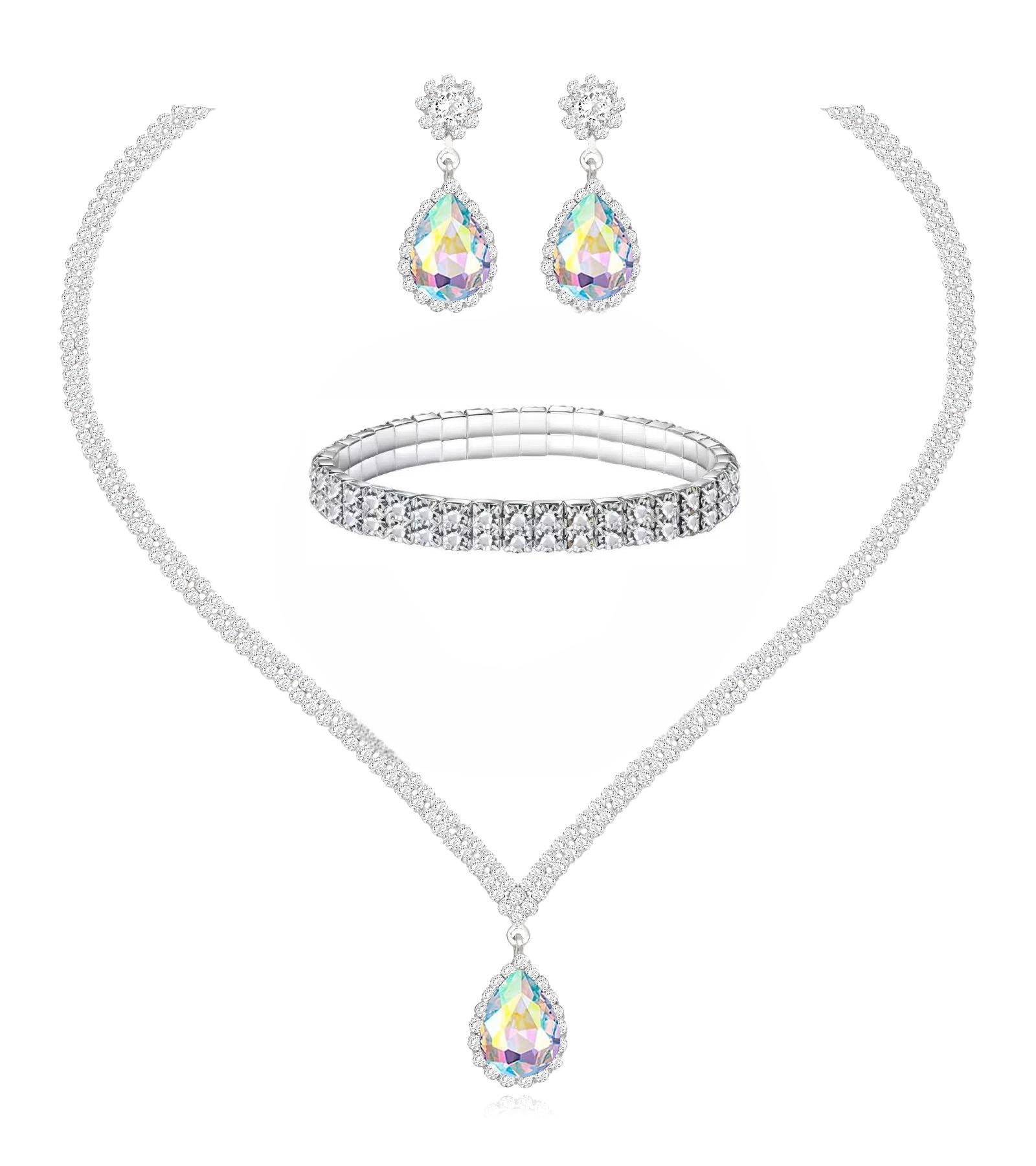 Bridal Rhinestone Teardrop Necklace and Earrings Set , Full Crystal Wedding Jewelry multicolor