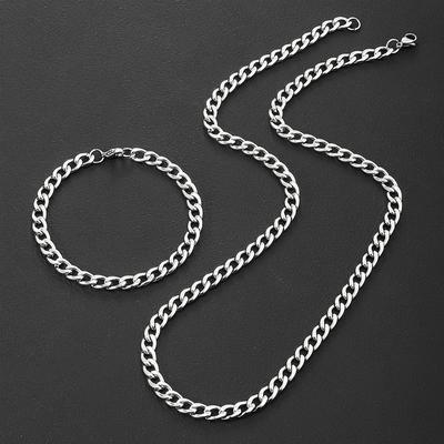 Hip Hop Cuban Chain Necklace Bracelet Set Rock Stainless Steel Basic Simple Men  For Women Party Jewelry