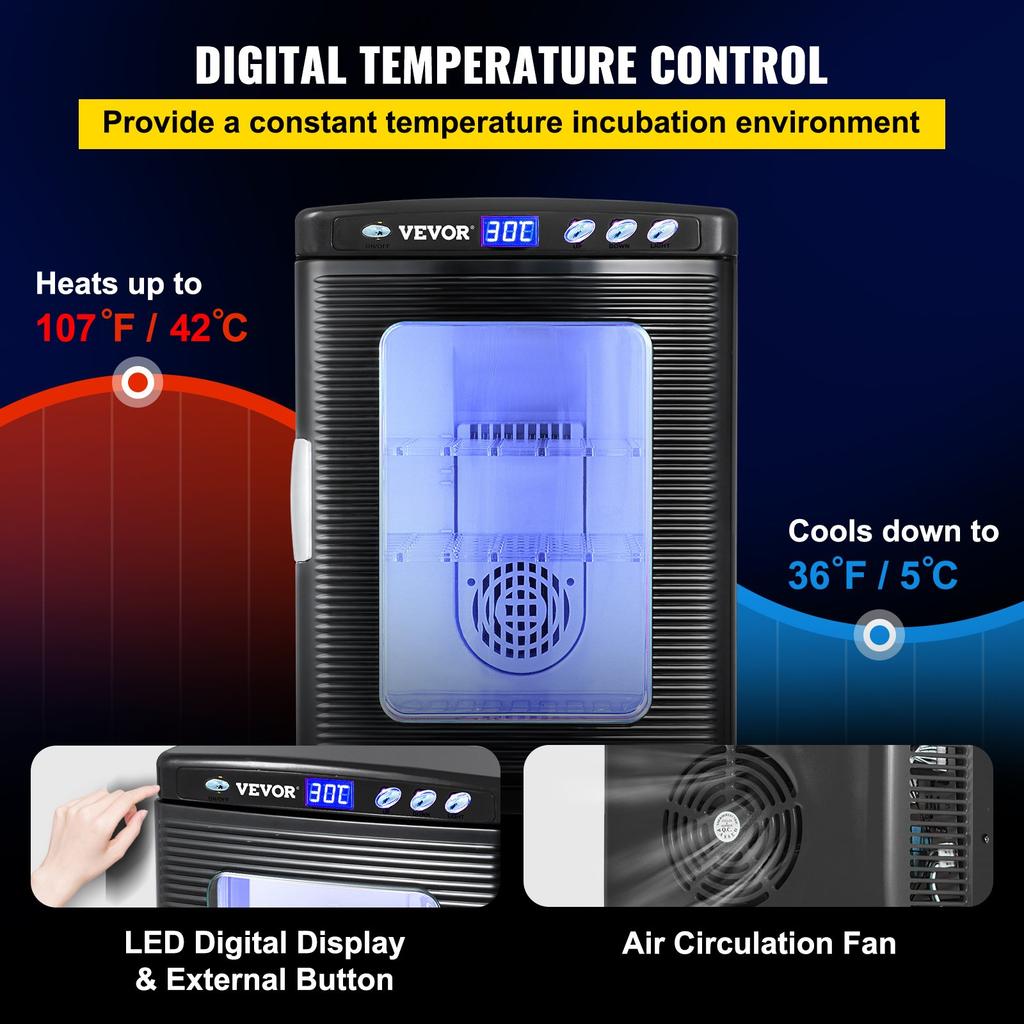 VEVOR Black Reptile Incubator 25L Scientific Lab Incubator Digital Incubator Cooling and Heating 5-42 Degrees C Reptile Egg Incubator 12V/110V Work