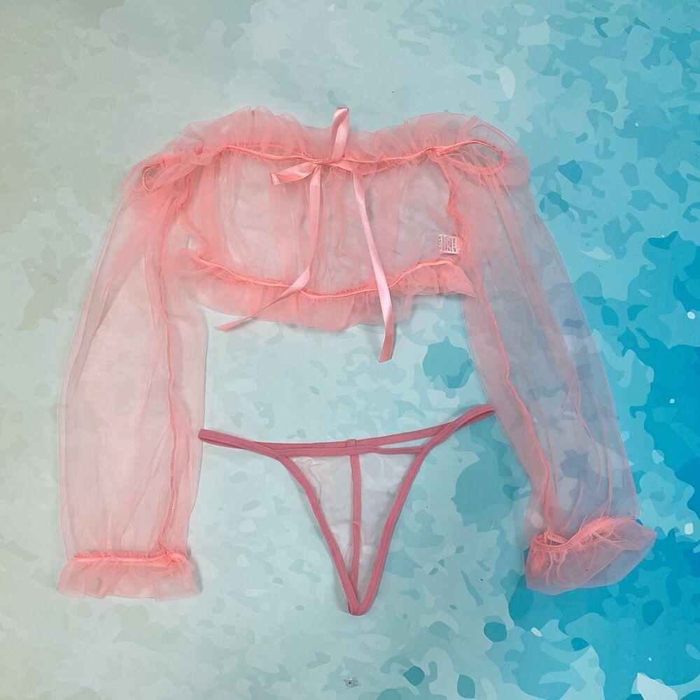 Sexy Dessous, Rüschen, erotisches Tanktop, Nachtwäsche, ausgehöhlt, transparentes Netz, langärmelige, lockere BH-Tops, abgeschnitten, exotische Bekleidung