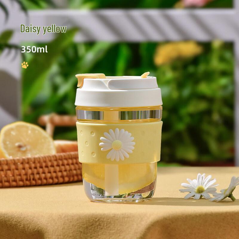 Vanow 350ml Daisy Yellow Glass Cup with Straw