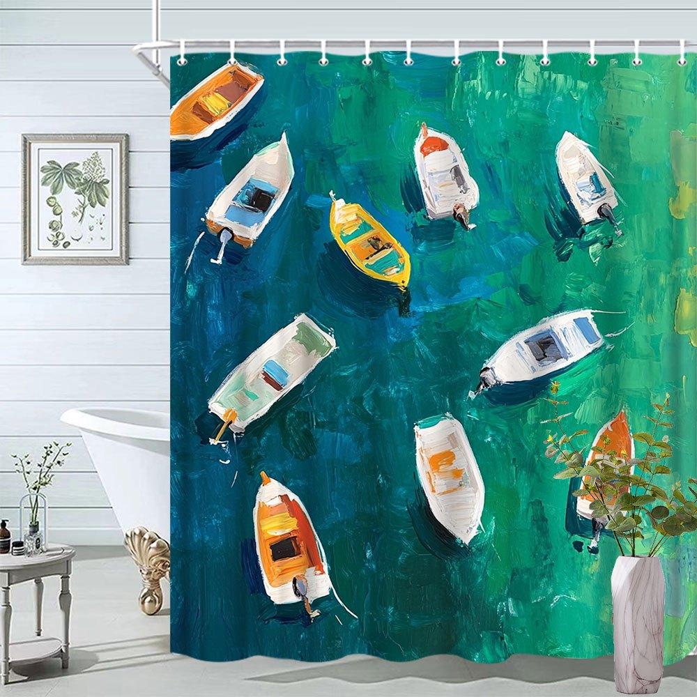 

1Pc Boat Scenery Shower Curtain Bathtub Partition Hanging Cloth Curtain Bathroom Decoration Polyester Fabric Contains 12 Hooks W60H190(CM)-1 Pcs
