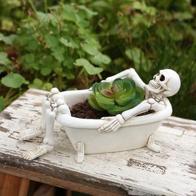 Resin In The Bath Tub Planter For Indoor Plants, Halloween Skulls Planter With Drainage Holes, Small Planters Pot For Tabletop